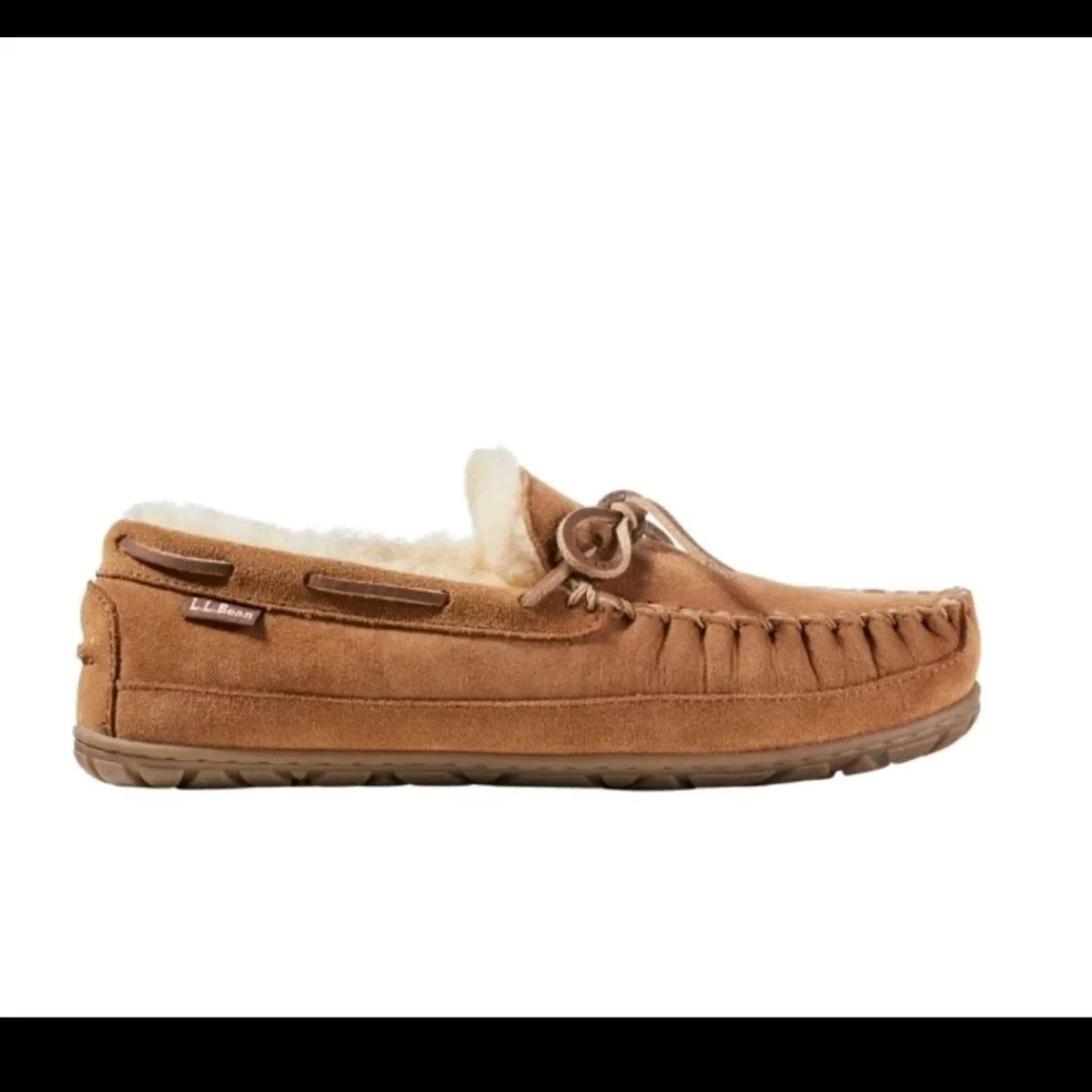 L.L.Bean Mens Tan Wicked Good Suede And Shearling Warm Indoor Outdoor Moccasins